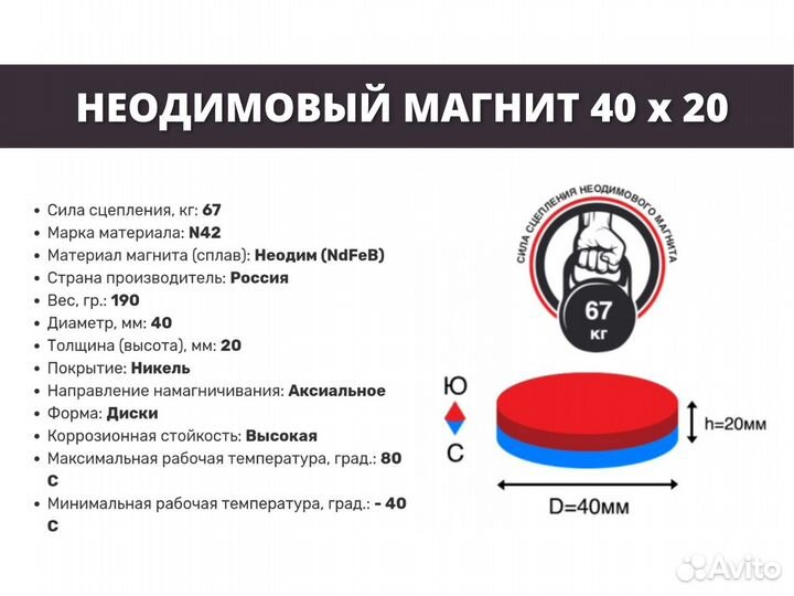 Неодимовый магнит диск 40х20 мм