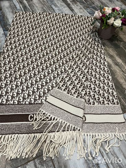 Кашемировый палантин шарф Dior коричневый монограм