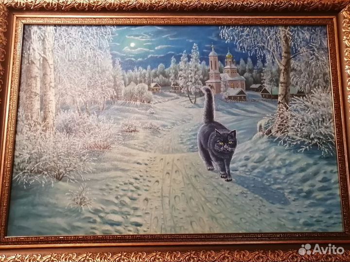 Картина: зимний пейзаж с кошкой