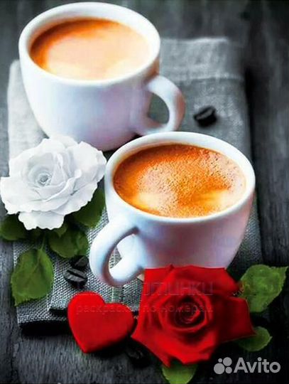 Алмазная мозаика 40x50 Пара чашек кофе и два цвето