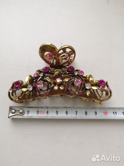 Заколка крабик металлическая с розовыми стразами