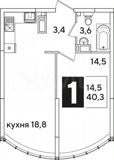 1-к. квартира, 40,3 м², 15/16 эт.