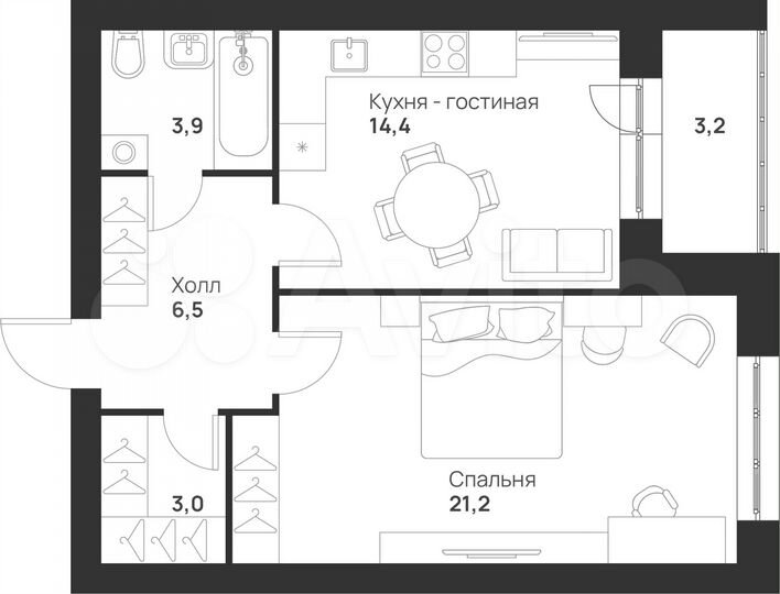 1-к. квартира, 52,2 м², 5/5 эт.
