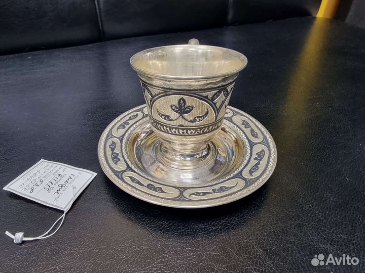 Серебряная чашка и блюдце Кубачи 925