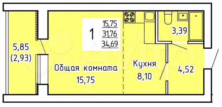 1-к. квартира, 34,7 м², 6/9 эт.