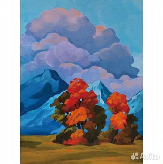 Картина живопись авторская Пейзаж горы, облака