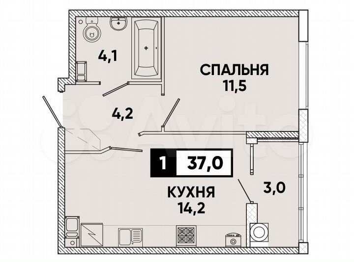 1-к. квартира, 37 м², 4/12 эт.