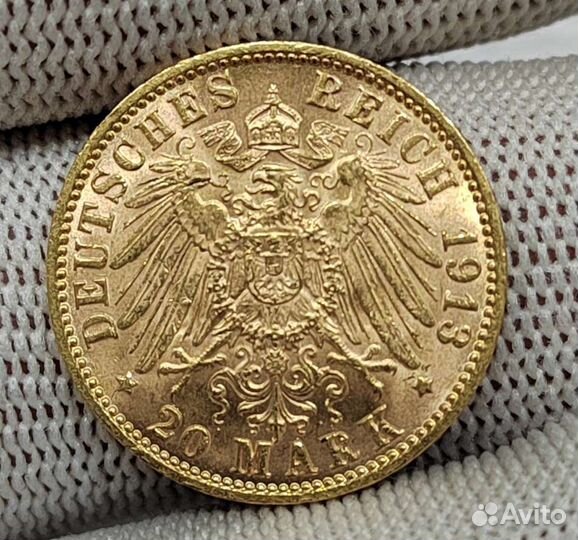 20 марок 1913 г. Гамбург. Яркий UNC. Золото