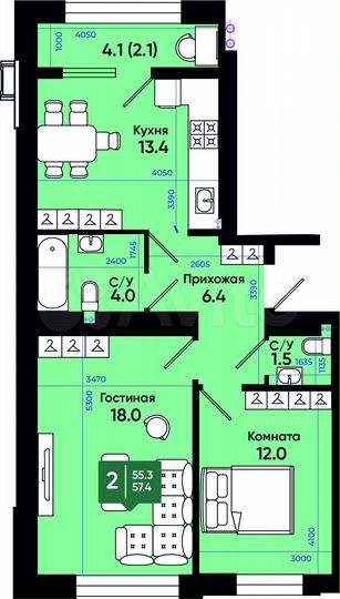 2-к. квартира, 59,4 м², 3/3 эт.