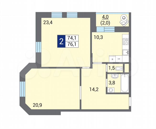 2-к. квартира, 76 м², 7/12 эт.