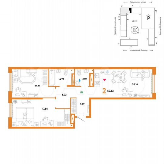 2-к. квартира, 69,6 м², 13/25 эт.