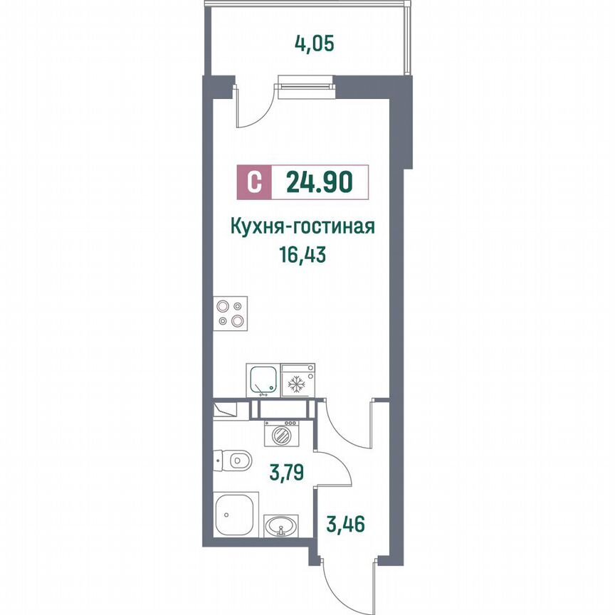 Квартира-студия, 24,9 м², 15/16 эт.