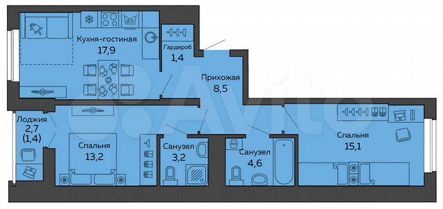 2-к. квартира, 65,2 м², 18/25 эт.