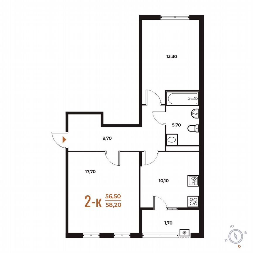 2-к. квартира, 58,2 м², 7/8 эт.
