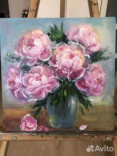 Картина маслом цветы, пионы в вазе 30/3; 30/40