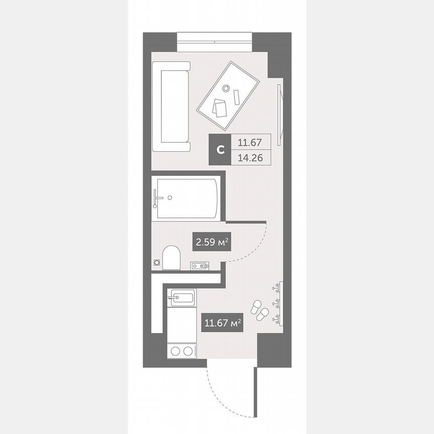 1-к. апартаменты, 14,3 м², 2/13 эт.