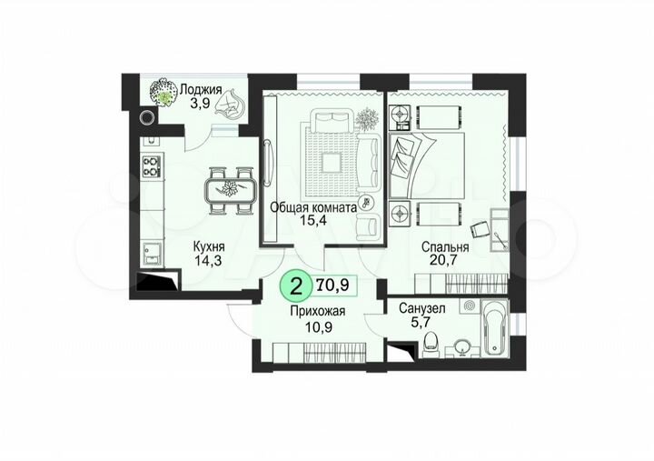 2-к. квартира, 70,9 м², 5/8 эт.