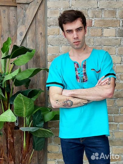 Рубашка льняная Перу бирюза