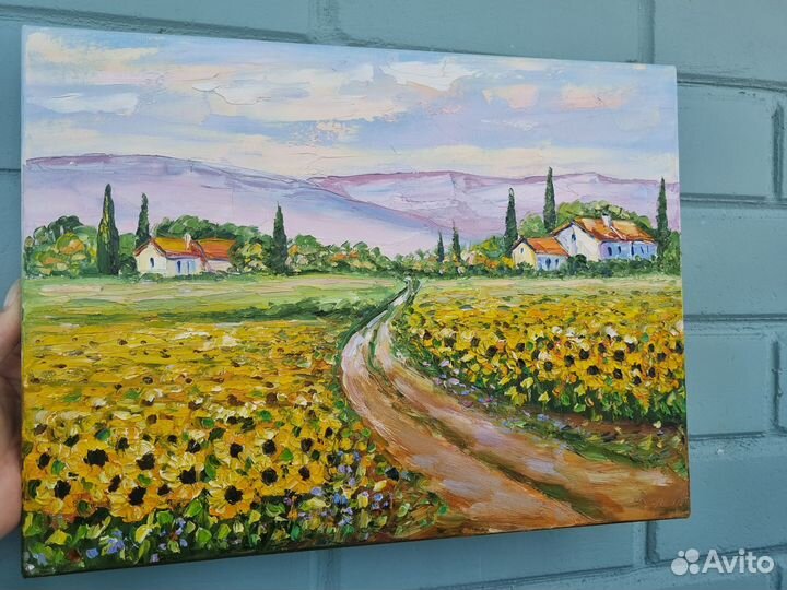 Картина маслом с подсолнухами на холсте пейзаж