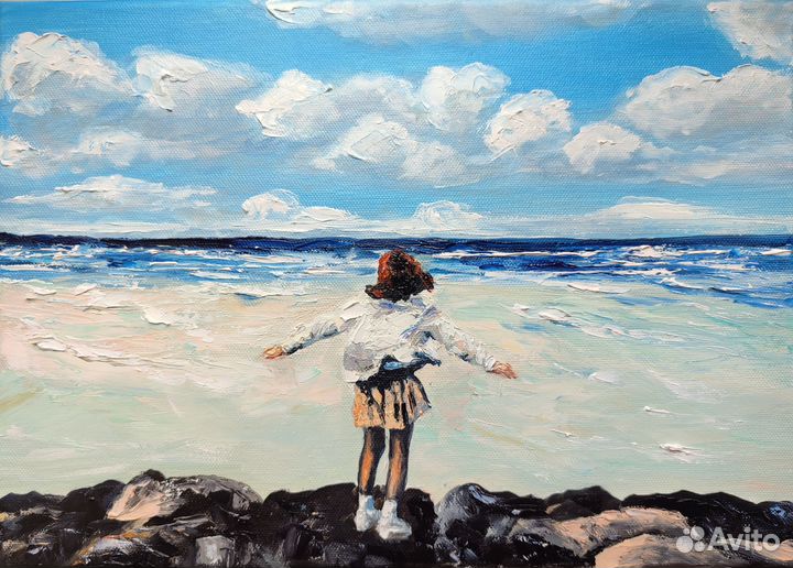 Картина маслом море, девушка у моря