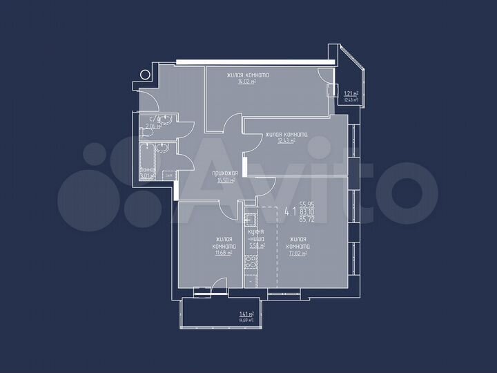 4-к. квартира, 84,9 м², 5/6 эт.