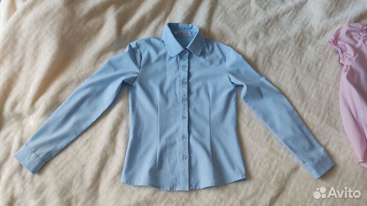 Блузка голубая, длинный рукав рост 116