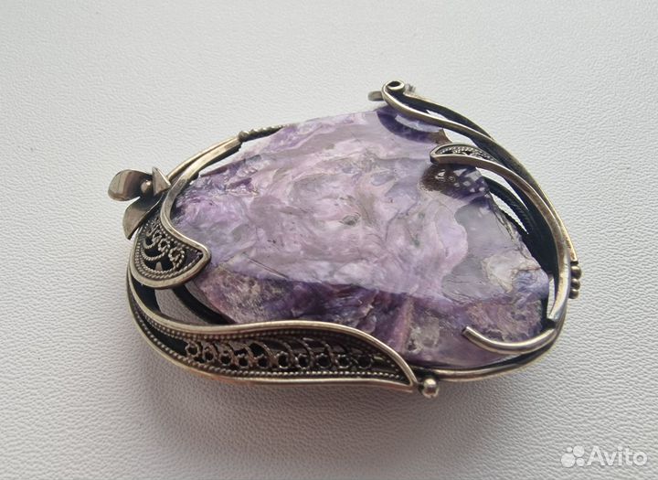 Винтажная брошь аметист в мельхиоре,скань