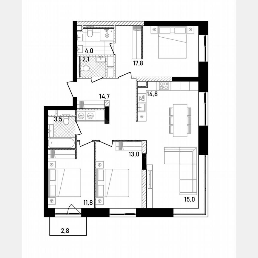 3-к. квартира, 99,5 м², 5/26 эт.