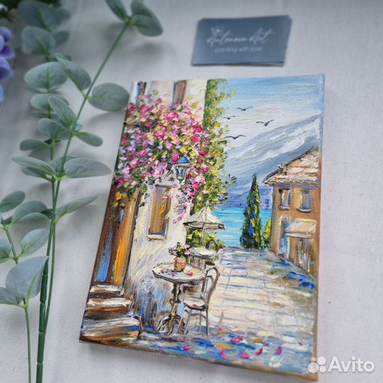 Картина маслом пейзаж средиземноморье море цветы