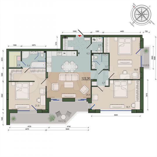 3-к. квартира, 122,3 м², 4/10 эт.
