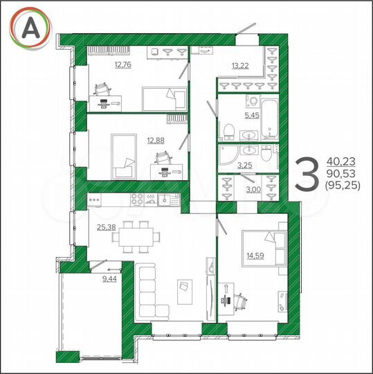 3-к. квартира, 95,3 м², 2/9 эт.