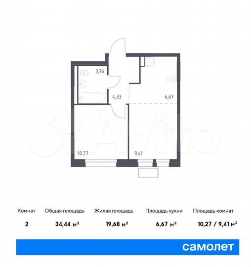 2-к. квартира, 34,4 м², 9/17 эт.