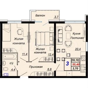 3-к. квартира, 59,1 м², 7/16 эт.