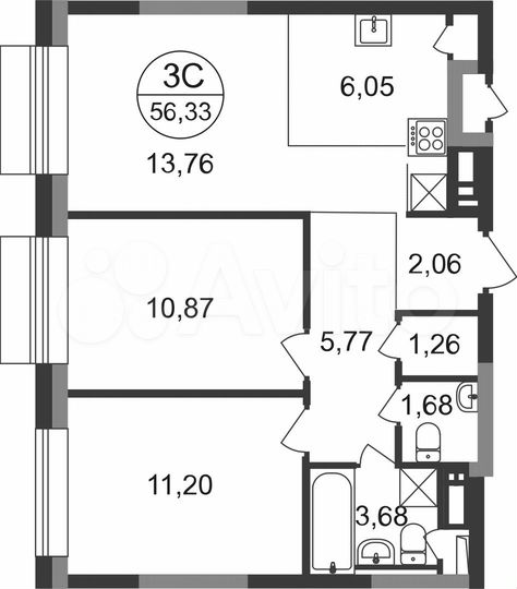 3-к. квартира, 56,3 м², 17/22 эт.