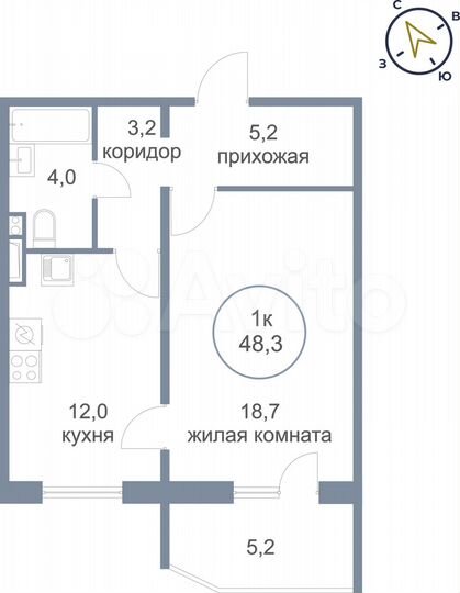 1-к. квартира, 48,3 м², 7/7 эт.