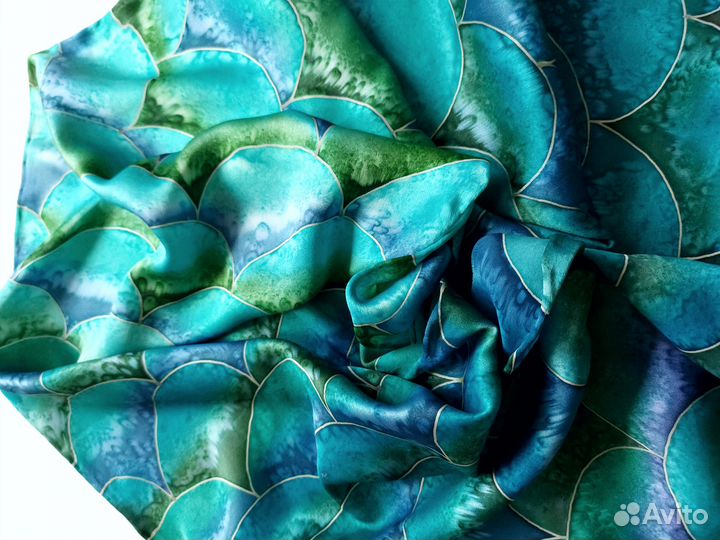 Шелковый шарф с ручной росписью батик бирюзовый