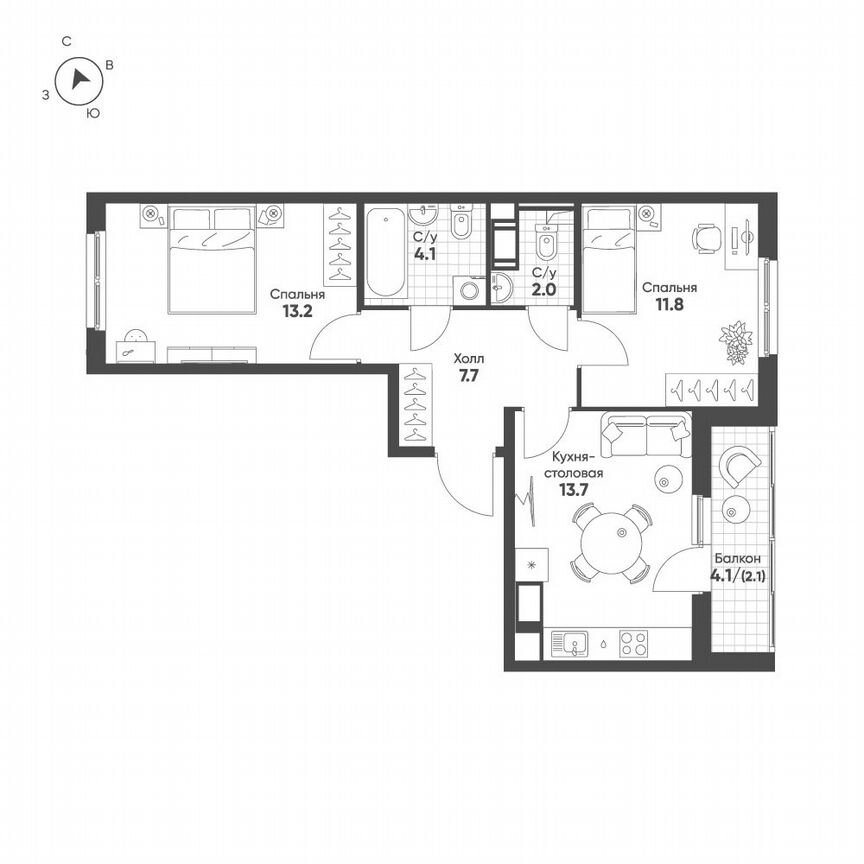 2-к. квартира, 54,6 м², 6/12 эт.
