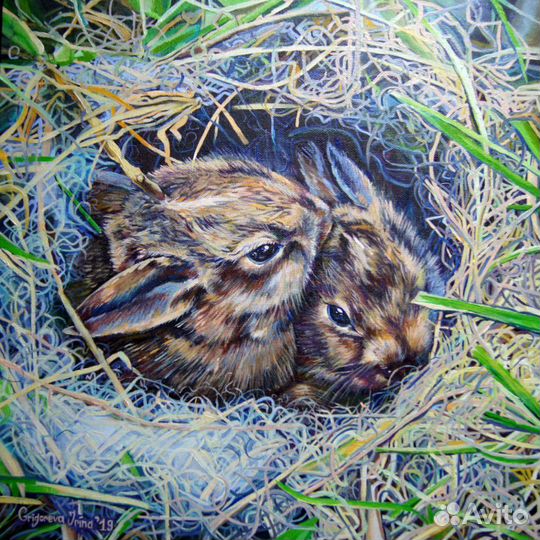 Картина с зайцами масло. Животные