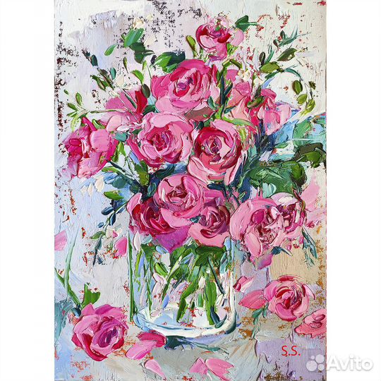 Картина маслом цветы розы букет роз в вазе 40х30см