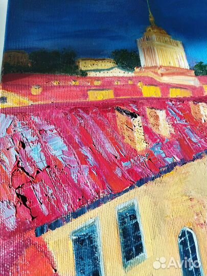 Картина маслом на холсте крыши Петербурга