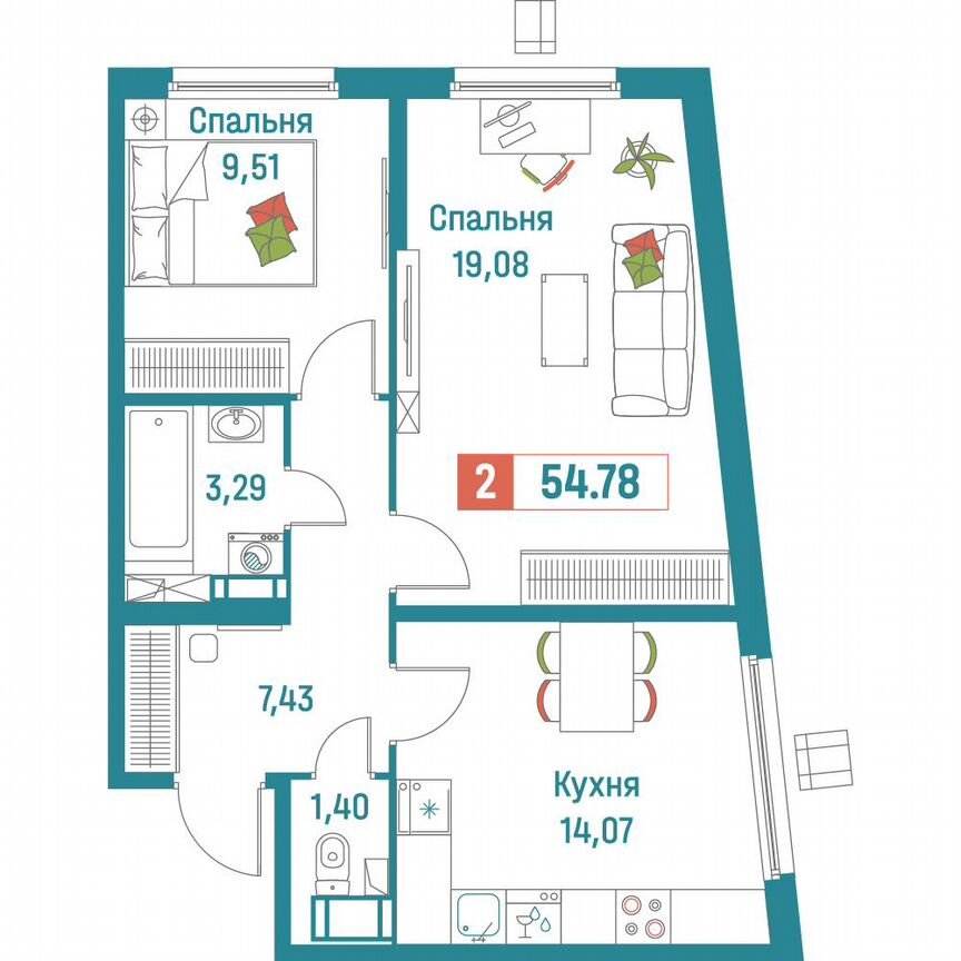 2-к. квартира, 54,8 м², 5/18 эт.