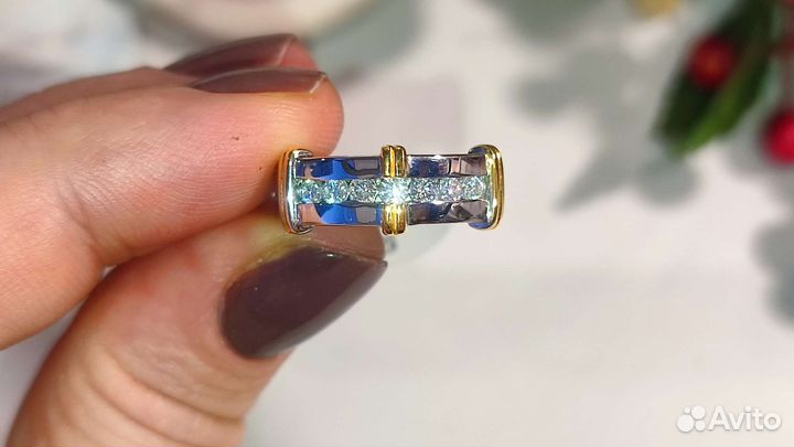 Кольцо муассаниты 7 шт*0,1ct. 925/позолота двутон