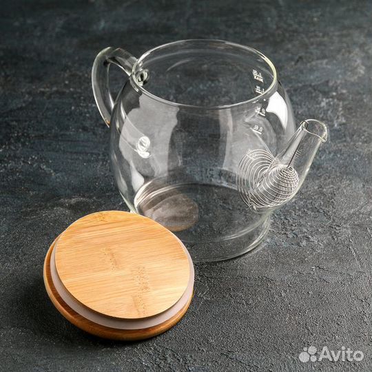 Чайник стеклянный заварочный с бамбуковой крышкой