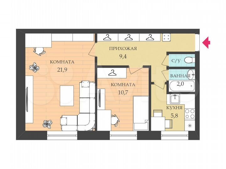 2-к. квартира, 51 м², 1/5 эт.