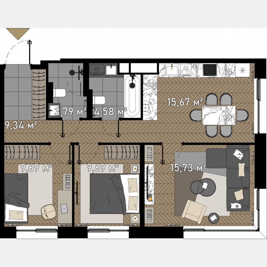 3-к. апартаменты, 70 м², 14/23 эт.