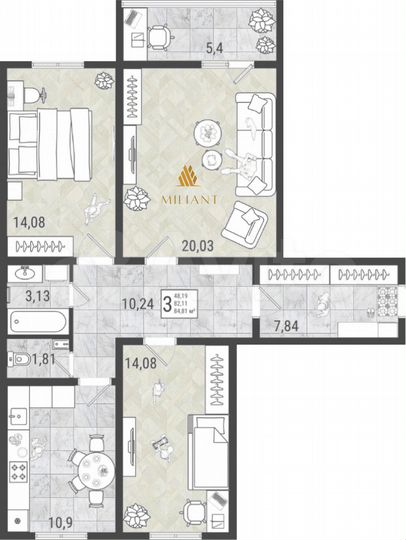 3-к. квартира, 84,8 м², 2/9 эт.