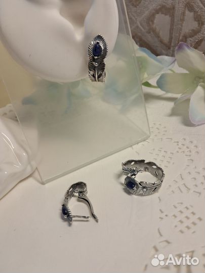 Серьги и кольцо безразмерное лазурит серебрение