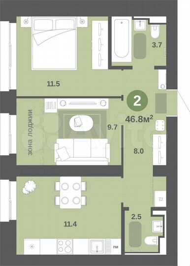 2-к. квартира, 46,8 м², 5/9 эт.