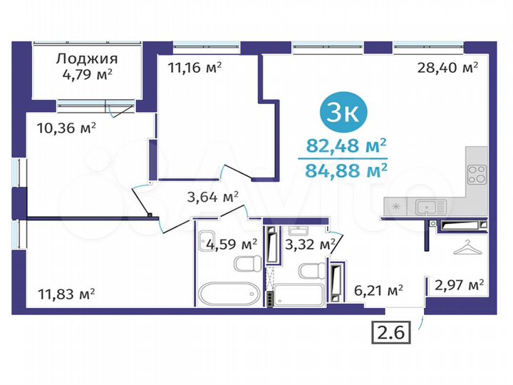 3-к. квартира, 82,5 м², 20/24 эт.