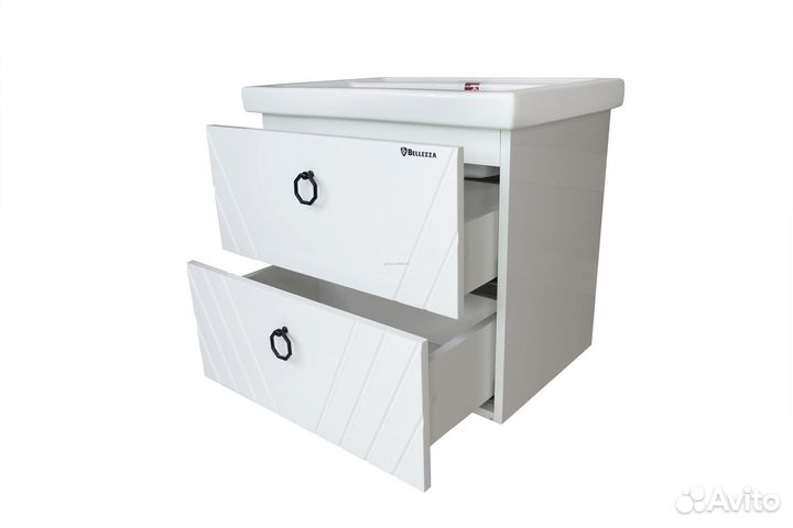 Bellezza Альба-60 Тумба подвесная с 2 ящиками, белая, с умывальником Фостер 600 (Кировит)